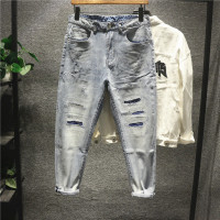 新款Hi 高定质感日系补丁贴布破洞牛仔裤男士潮流百搭小脚锥形长裤