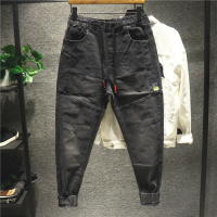 新款Hi 黑灰色超舒适柔糯拼接牛仔裤男士修身束脚裤韩版潮流秋