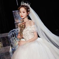 新款主婚纱2020新款拖尾气质齐地一字肩遮粗手臂小个子新娘星空显瘦轻