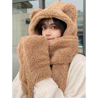新款小熊帽子女秋冬季百搭新款2020网红韩版连帽围巾手套一体围脖保暖