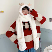 新款秋冬女保暖围巾帽子一体连帽可爱围脖韩版小熊毛绒护耳帽百搭冬季