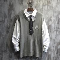 新款假两件衬衣马甲两件套秋冬毛衣背心洋气制服领带衬衫慵懒风男潮