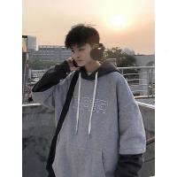 新款假两件男士加绒卫衣连帽宽松秋冬款加厚上衣潮流ins港风冬季外套