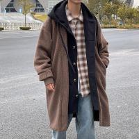 新款冬季加厚毛中长款风衣男潮流韩版帅气绒假两件连帽呢大衣外套