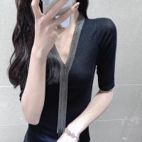新款2020春季新款女装V领链条半袖T恤女黑色修身洋气针织打底衫
