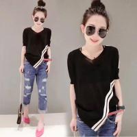 新款夏季不规则针织衫女韩版休闲短袖T恤半袖五分袖潮