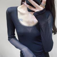 新款2020春夏新款纯色透视低领性感网纱内搭长袖T恤女修身