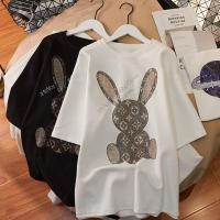 新款2021夏季新款白色烫钻半袖上衣宽松大码胖MM重工短袖T恤女