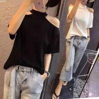 新款夏季新款漏肩短袖T恤女修身显瘦挂脖原宿体恤打底衫潮