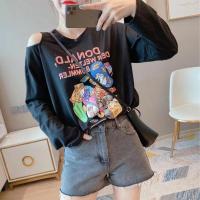 新款2020早秋韩版宽松露肩长袖开叉上衣卡通印花长袖T恤女多色