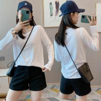 新款2021春秋新款圆领白色T恤女印花竹节棉长袖薄款打底衫上衣