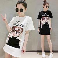 新款夏季短袖T恤连衣裙女印花植绒图案打底衫上衣潮