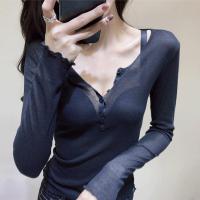 新款新款女装v领长袖T恤女修身半扣春夏防晒黑色打底衫女薄款