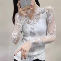 新款春夏季夜店V领长袖T恤女修身针织假两件拼接性感蕾丝打底衫