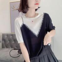 新款2020夏季新款短袖T恤女宽松假两件黑白拼接时尚针织衫