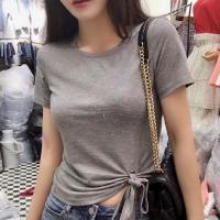 新款2020夏季新款短袖T恤女修身圆领下摆打结蝴蝶结半袖上衣女