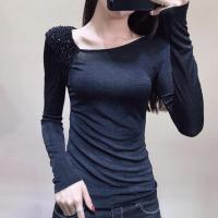 新款2020新款春季上衣一字肩镶钻针织打底衫女内搭长袖T恤洋气