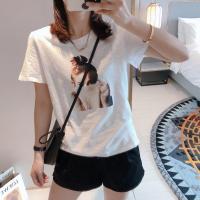 新款2021夏季新款白色短袖T恤女宽松印花竹节棉韩版半袖上衣女