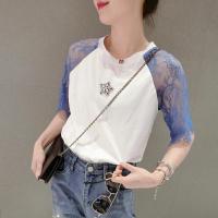 新款2021夏季新款短袖T恤女韩版镶钻五角星半袖拼接蕾丝上衣女