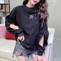 新款新款蝙蝠镶钻长袖T恤女秋冬黑色百搭打底衫露肩BF卫衣宽松