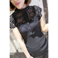 促销欧洲站2019春夏装女装韩版蕾丝拼接 短袖T恤女时尚立领宽松衫上衣麦瑞思(MAR PAIRS)