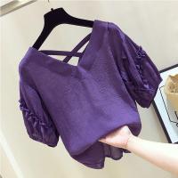 促销遮肚子雪纺衫女短袖夏装新款2019飘逸洋气小心机V领百搭上衣超仙麦瑞思(MAR PAIRS)