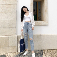促销夏装韩版chic高腰宽松显瘦直筒裤复古破洞乞丐裤牛仔裤长裤女裤子麦瑞思(MAR PAIRS)