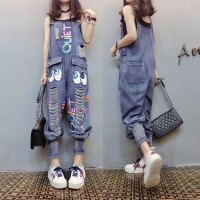 欧洲站春秋2019新款女装欧货潮休闲宽松破洞哈伦小脚背带牛仔裤潮麦瑞思(MAR PAIRS)