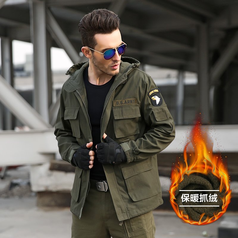 男士防寒保暖加厚加绒风衣 带帽军迷工装短款大衣外套男