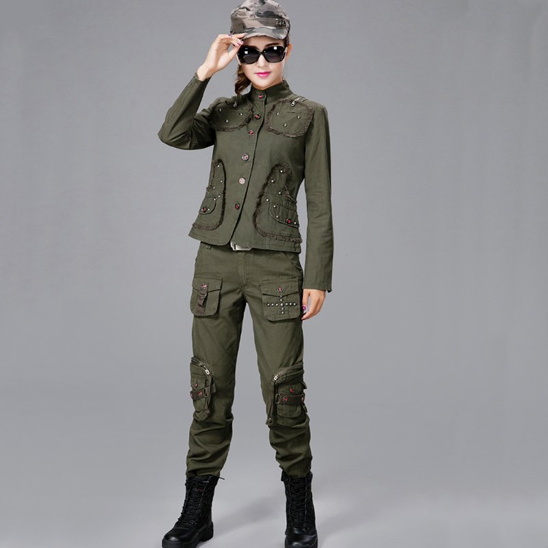 春秋女式休闲越野E族夹克迷彩裤修身显瘦军装套装女