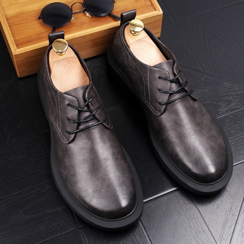 英伦男士圆头真皮青年内增高鞋商务工装鞋子韩版厚底系带休闲皮鞋