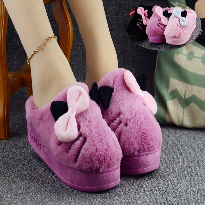 棉拖鞋女冬天室内家居毛绒拖鞋蝴蝶结拖鞋厚底保暖防滑高跟拖鞋