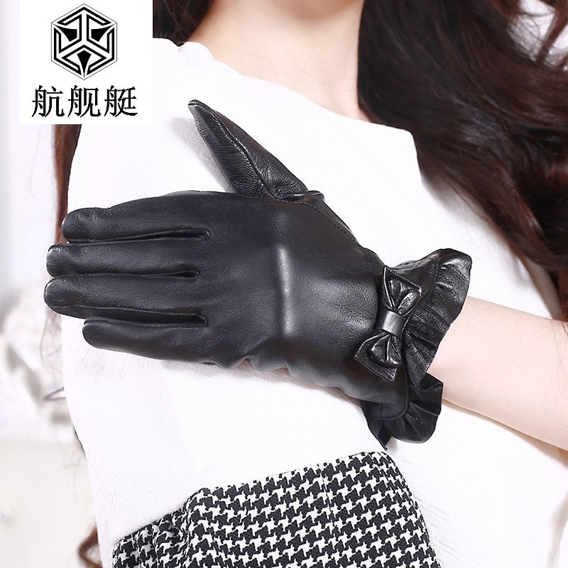 触摸屏真皮羊皮手套女士冬季保暖加厚防风骑行开车皮手套加长款
