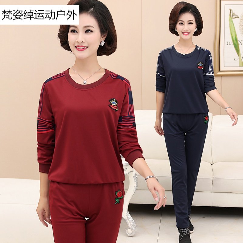 45岁胖妈妈装秋装运动套装中年女装2017新款50中老年休闲两件套