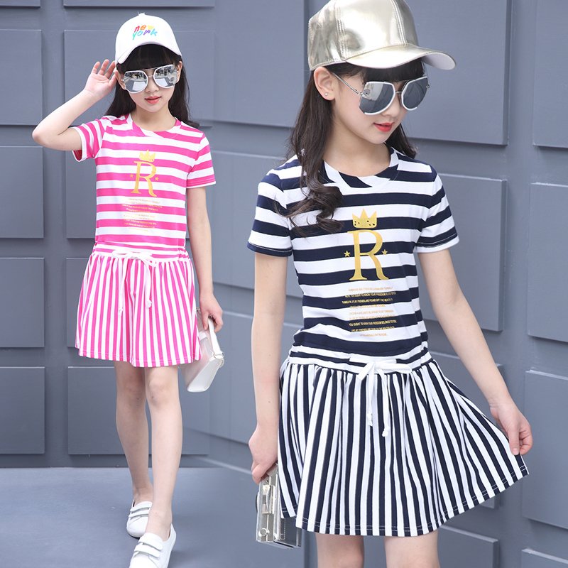 童装女童夏装短袖连衣裙棉裙2017新款儿童夏季时尚条纹公主裙宝宝