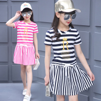 童装女童夏装短袖连衣裙棉裙2017新款儿童夏季时尚条纹公主裙宝宝