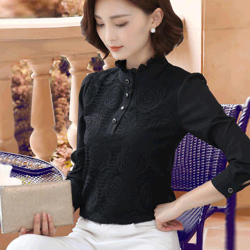 百搭黑色蕾丝打底衫女长袖秋冬加绒高领衬衫短款2017新款雪纺上衣
