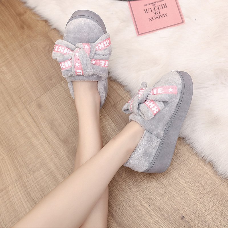 2017新款秋冬韩版可爱蝴蝶结毛毛鞋女防滑厚底保暖加绒包跟棉鞋潮