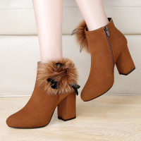 马丁靴女高跟2017冬季新款韩版百搭粗跟冬鞋磨砂真皮女靴兔毛短靴