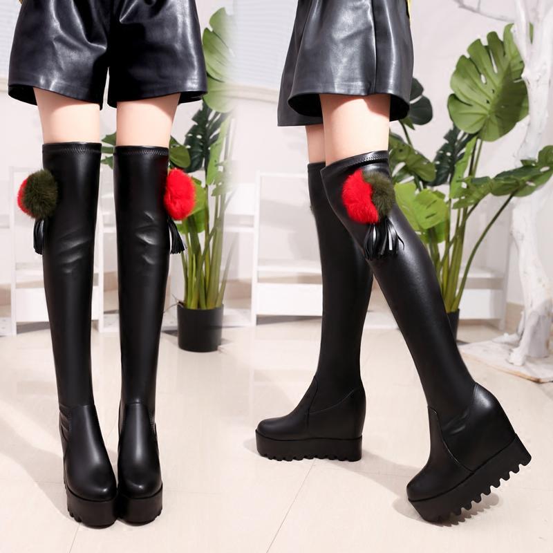高筒靴秋冬季新款百搭厚底鞋女显瘦过膝靴彩色毛球内增高长筒靴子