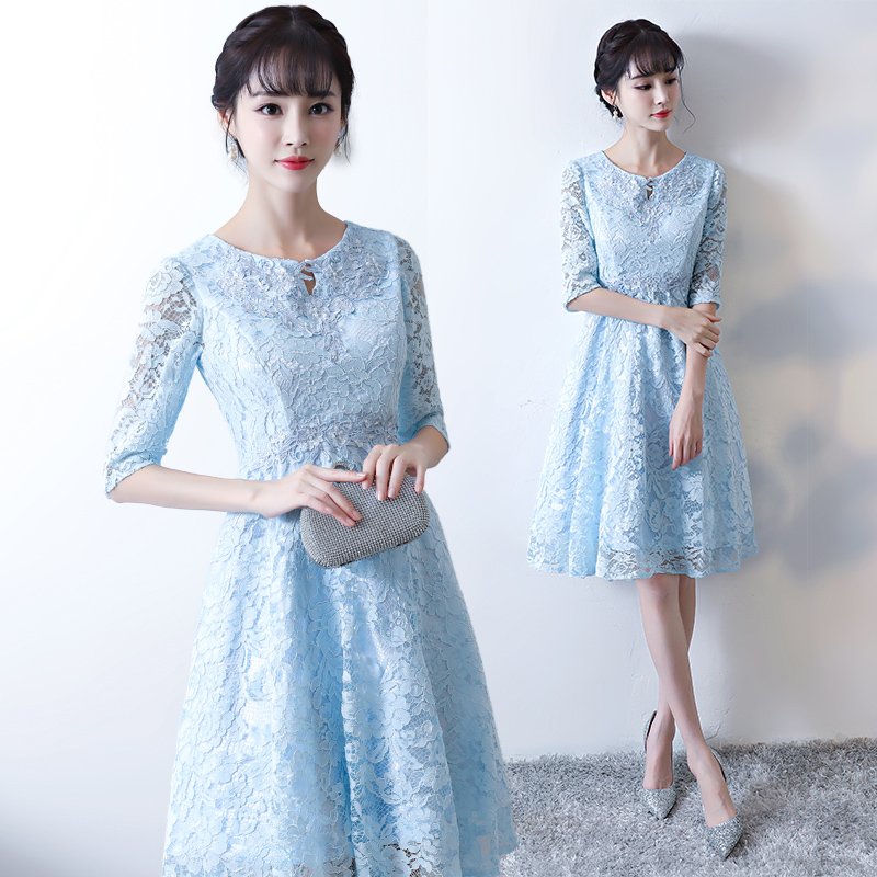 蓝色伴娘礼服短款2017新款秋冬季韩版高腰胖mm宴会礼服年会连衣裙