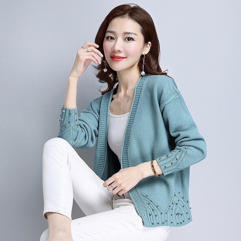外套秋女2017新款 韩版长袖针织衫女开衫短款钉珠 春秋薄毛衣外搭