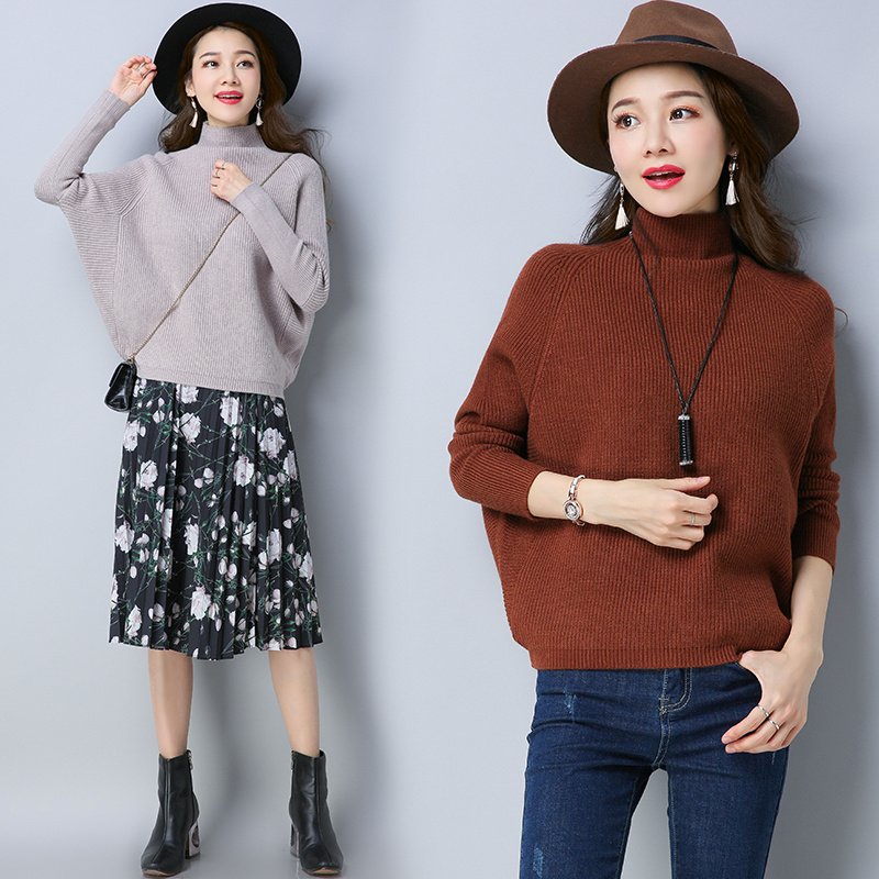 慵懒风蝙蝠针织衫高领毛衣女套头加厚秋冬长袖2017新款韩版冬宽松