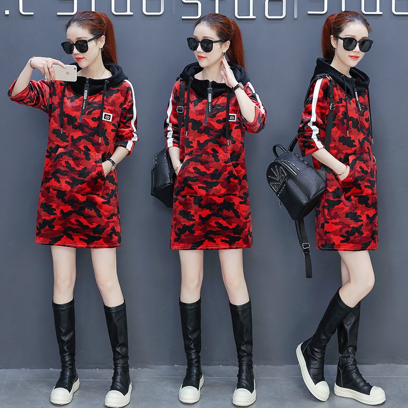 2017冬季新款连帽加绒卫衣女宽松加厚迷彩bf外套ulzzang休闲服