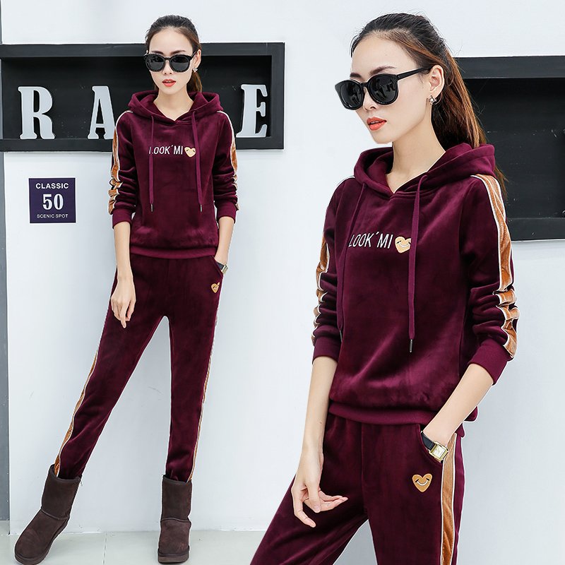 运动套装女2017冬季新款女装韩版金丝绒卫衣加绒加厚休闲两件套潮