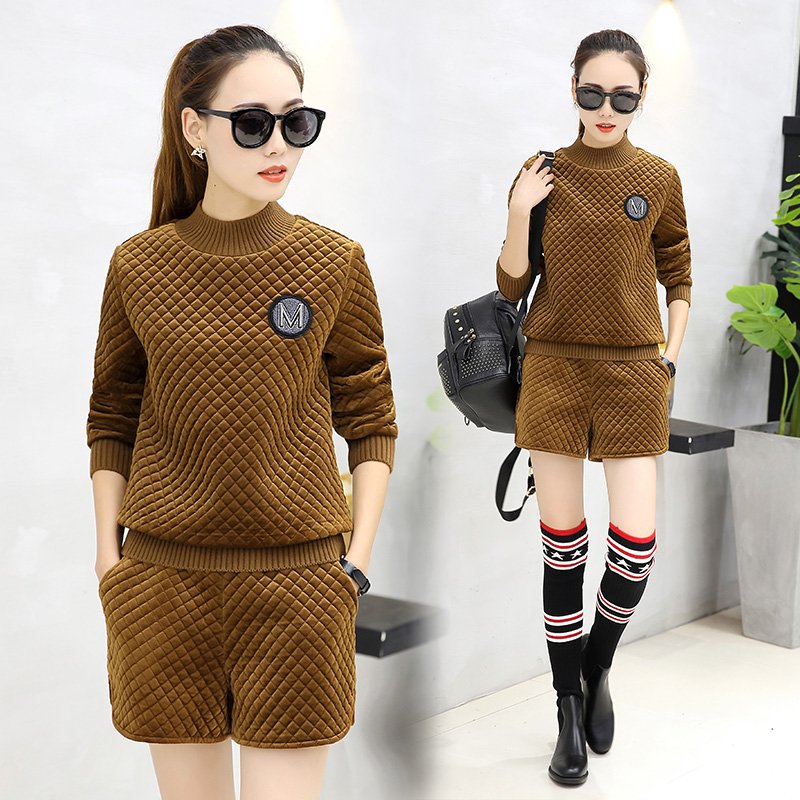 休闲运动套装女2017秋冬季新款时尚宽松加厚加绒卫衣短裤两件套潮