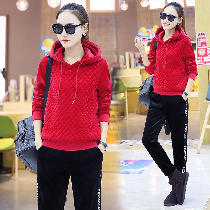 休闲运动套装女2017秋冬季时尚加绒加厚大码宽松卫衣长裤两件套潮