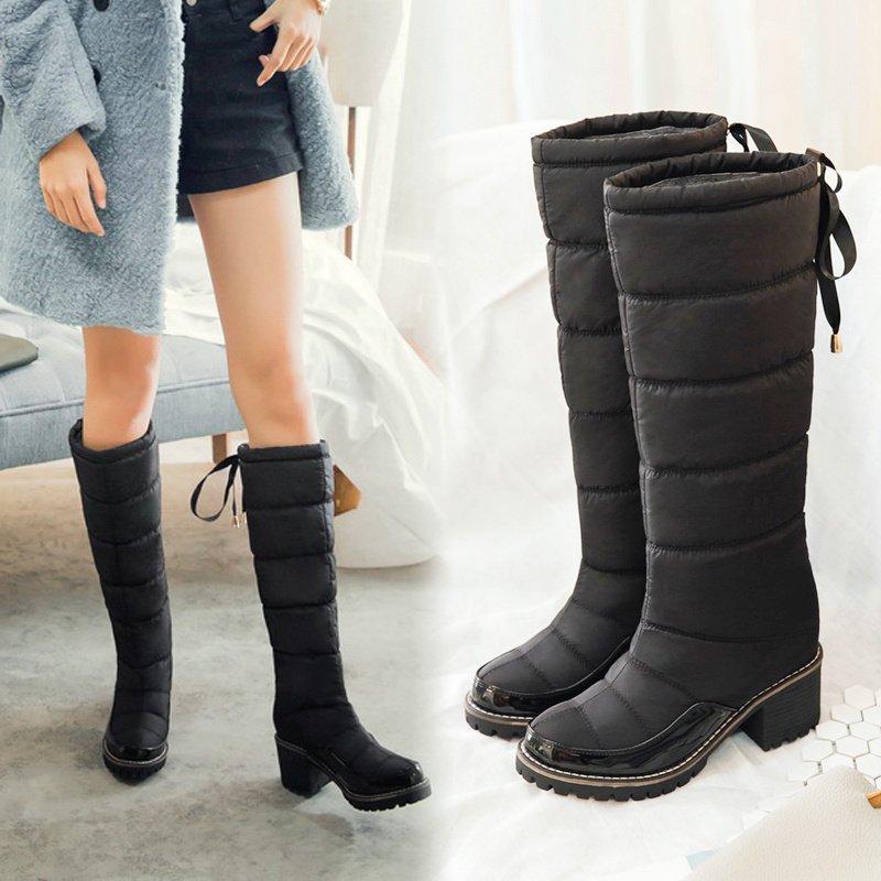 欧美冬季防水保暖高筒靴加厚雪地靴女冬棉靴方跟厚底棉鞋圆头套筒