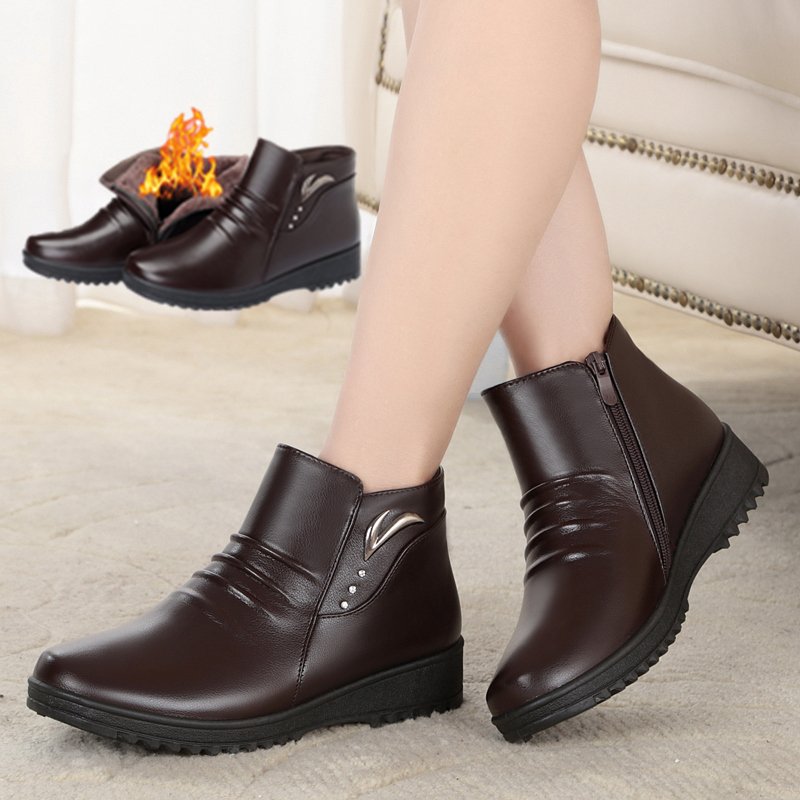 2017冬季妈妈棉鞋圆头防滑软底保暖加绒休闲皮鞋中年女鞋短靴女冬