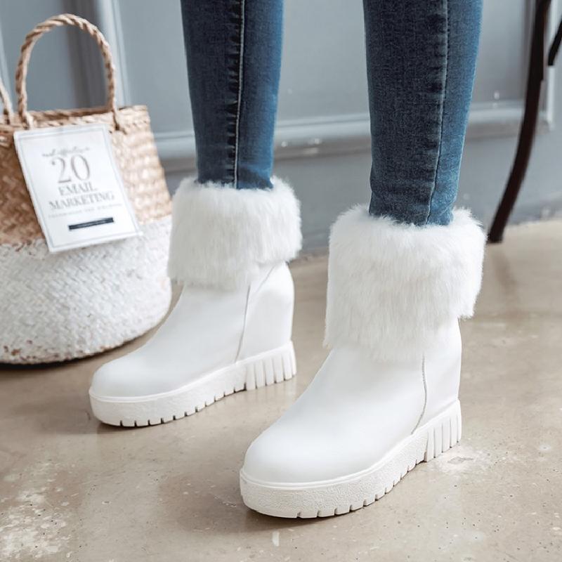冬天厚底毛毛靴棉靴保暖高跟短靴白色中学生短筒女靴女鞋雪地棉鞋